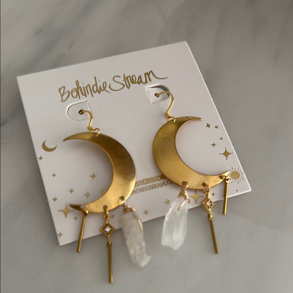 Gold Celestial Quartz Crescent Moon Earrings